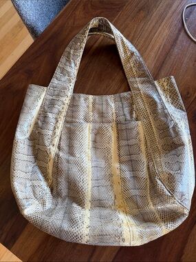 Snake-Embossed Cream Tote Bag with Subtle Tan Accents